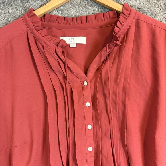 Loft PLUS Size 22 Coral Pintuck Pleated Peasant Blouse Top Popover Button Down - Picture 3 of 10